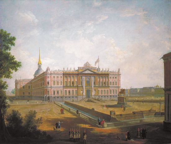 Вид на Михайловский замок и площадь Коннетабля в Петербурге. Около 1800