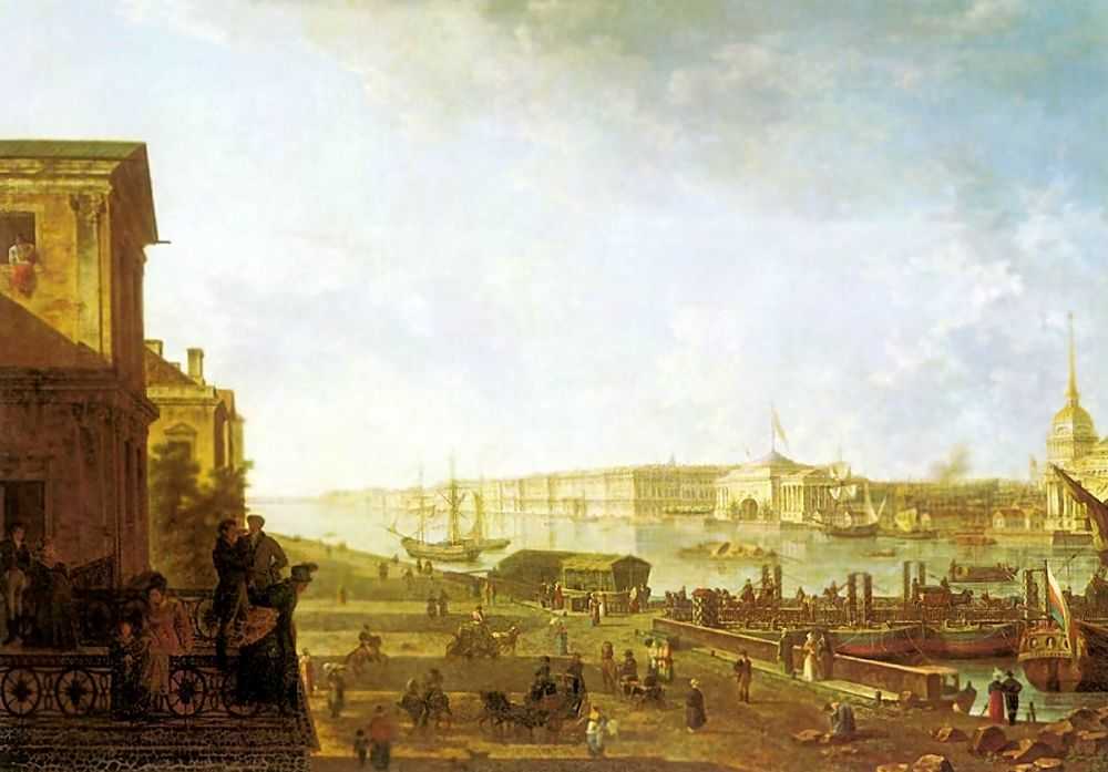 Вид на Адмиралтейство и Дворцовую набережную от Первого кадетского корпуса. 1810-