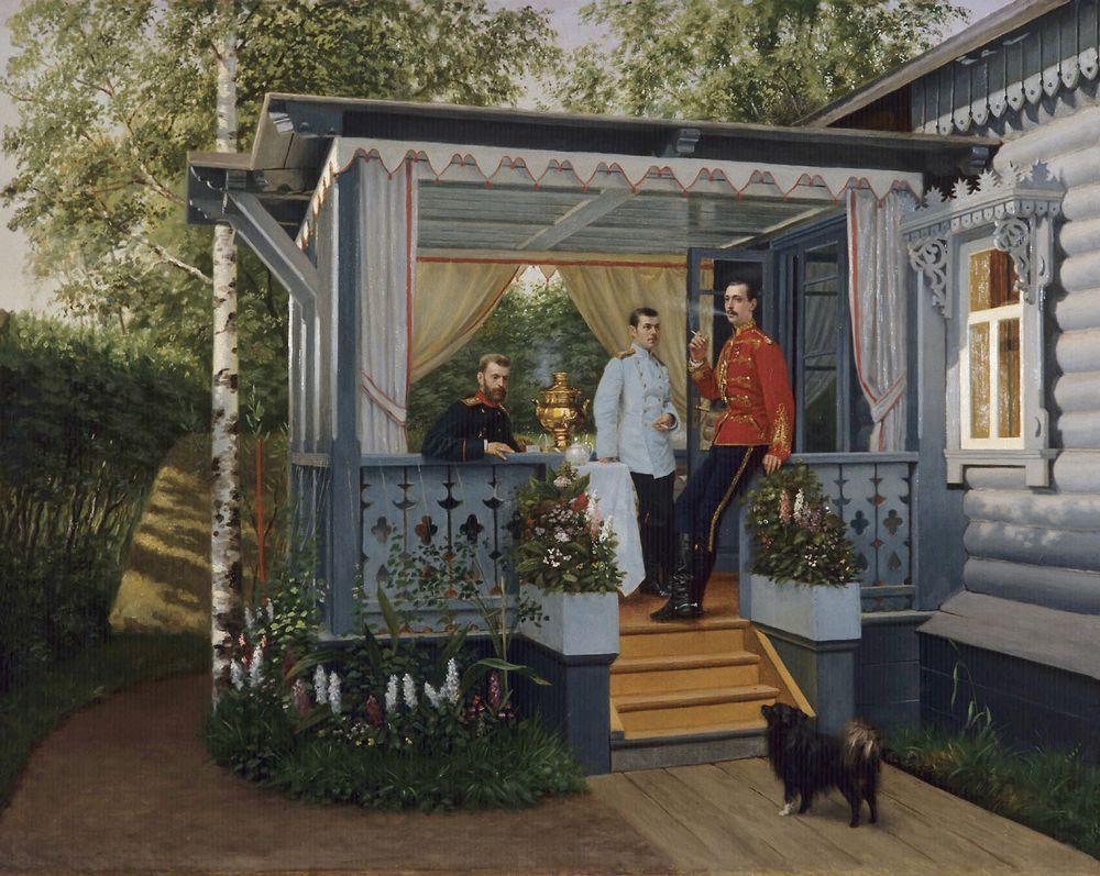 Великий князь Сергей Александрович, цесаревич Николай Александрович и великий князь Павел Александрович в Царском селе. Конец 1880-х.