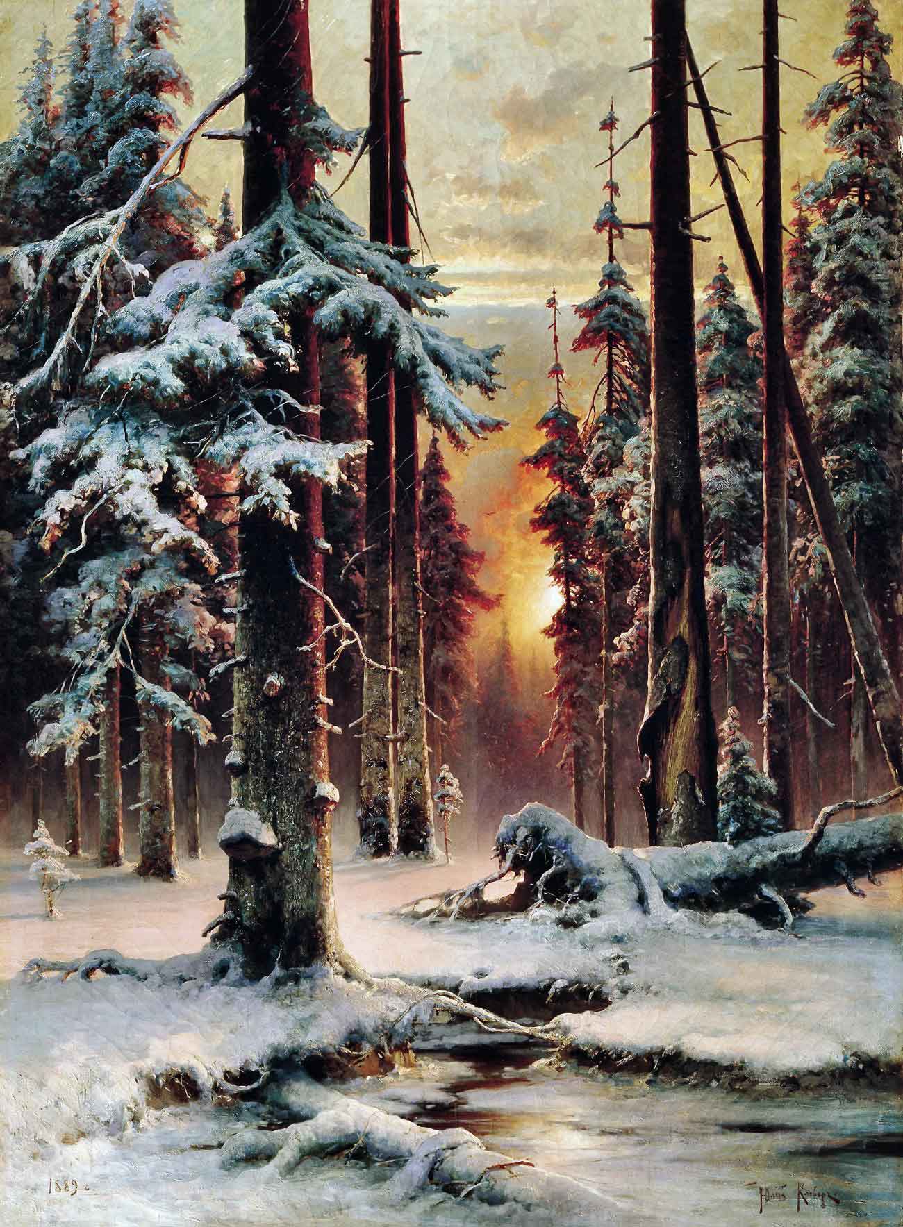 Зимний закат в еловом лесу. 1889