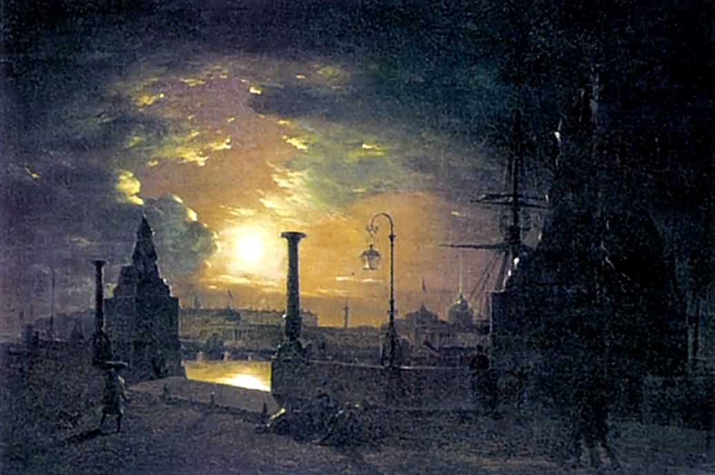 Осенняя ночь в Петербурге. Пристань с египетскими сфинксами на Неве ночью. 1835